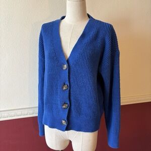 Old Navy Linen Cotton Blend Cardigan Blue V-neck Button Front Sweater Women's M